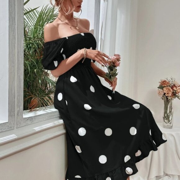Black Boho Womens Polka Dot Print Puff Sleeve Shirred Ruffle Hem Dress - Picture 1 of 5